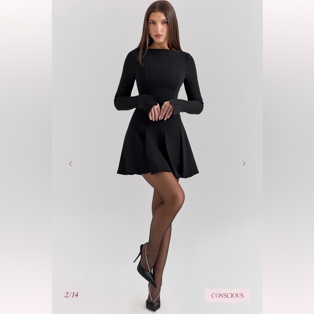 House of CB Francesca Black Stretch Crepe Godet Mini Dress NWOT S